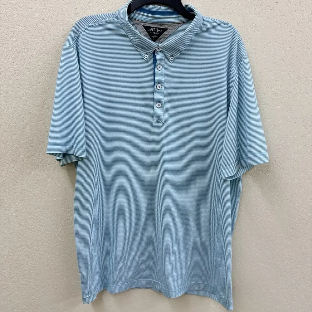 adiPure by Adidas Mens L Blue White Stripe Button Down Collar Golf Polo